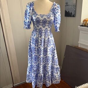 Blue Floral Smocked Midi Dress with Puff Sleeves - Women